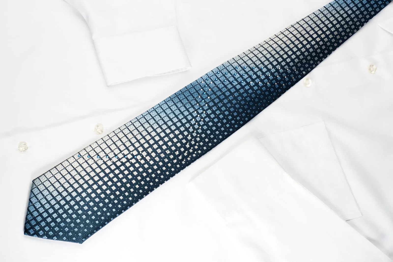 Galaxy Silk Rhinestone Necktie Geometric On Blue With Silver Sparkles