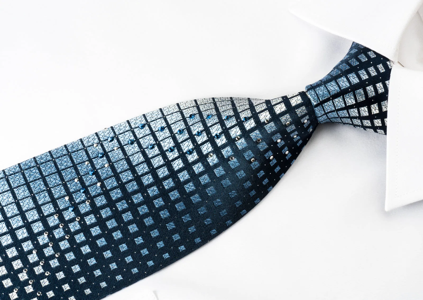 Galaxy Silk Rhinestone Necktie Geometric On Blue With Silver Sparkles