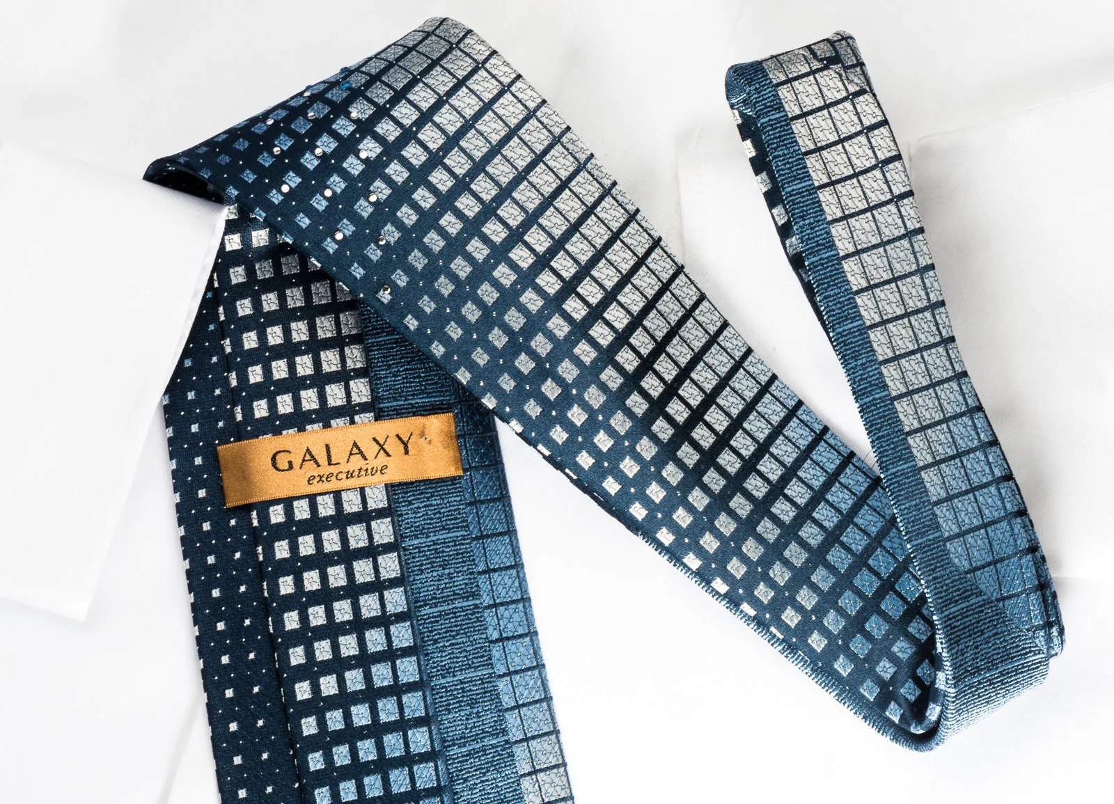 Galaxy Silk Rhinestone Necktie Geometric On Blue With Silver Sparkles