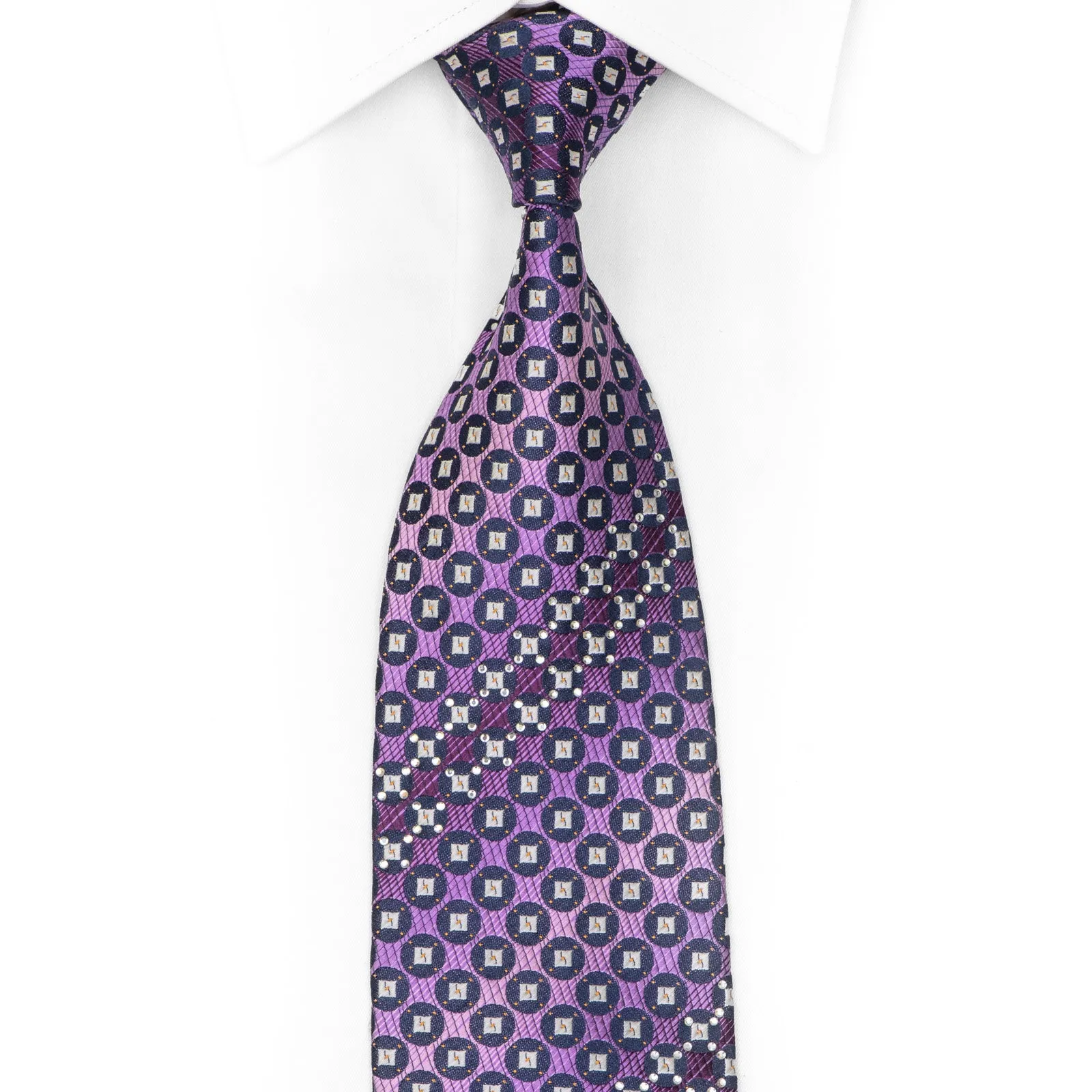 Geometric Circles On Purple Rhinestone Silk Necktie