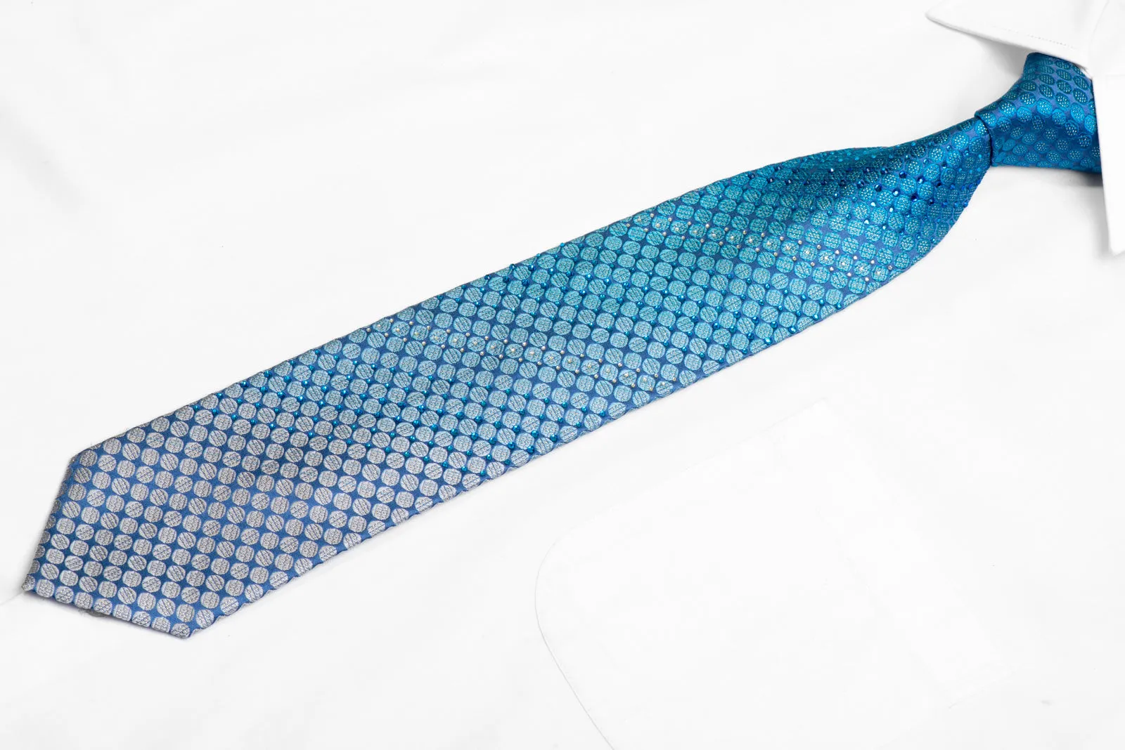 Geometric Dots On Blue Rhinestone Silk Necktie With Silver Sparkles