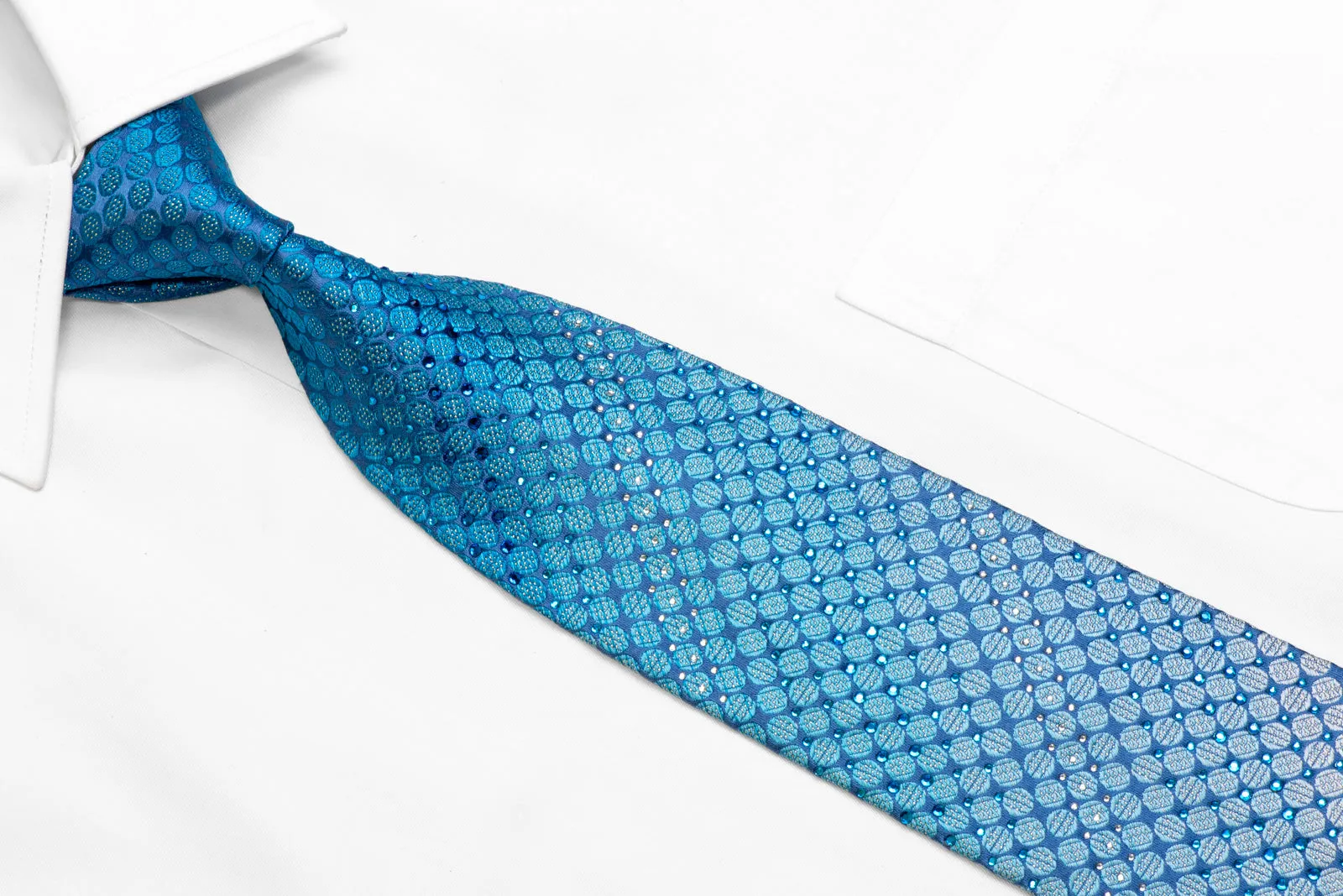 Geometric Dots On Blue Rhinestone Silk Necktie With Silver Sparkles