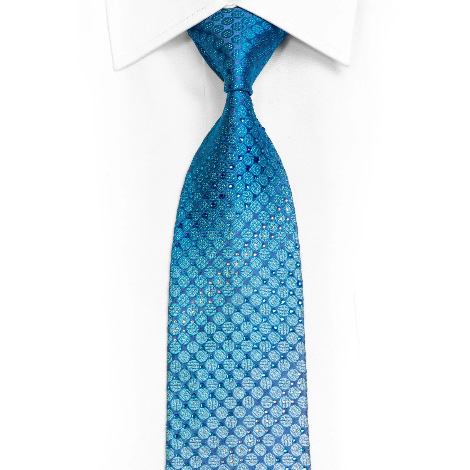 Geometric Dots On Blue Rhinestone Silk Necktie With Silver Sparkles