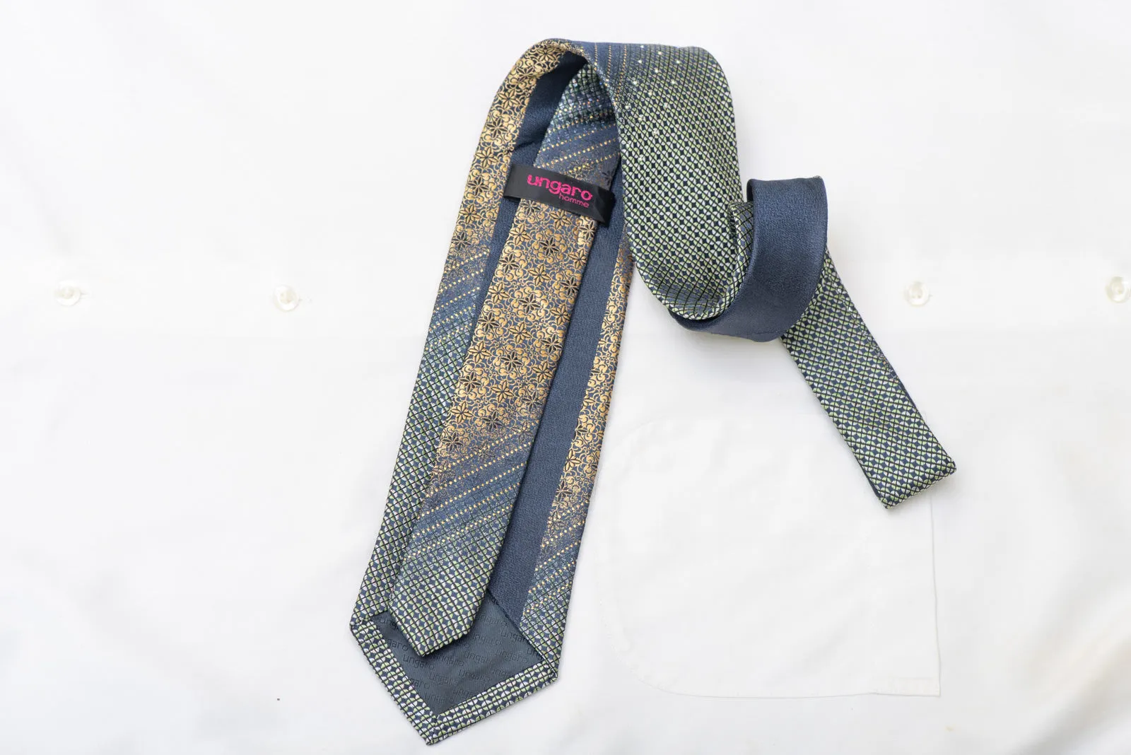 Gold Cartouche Green Geometric On Navy Rhinestone Silk Necktie With Gold Sparkles