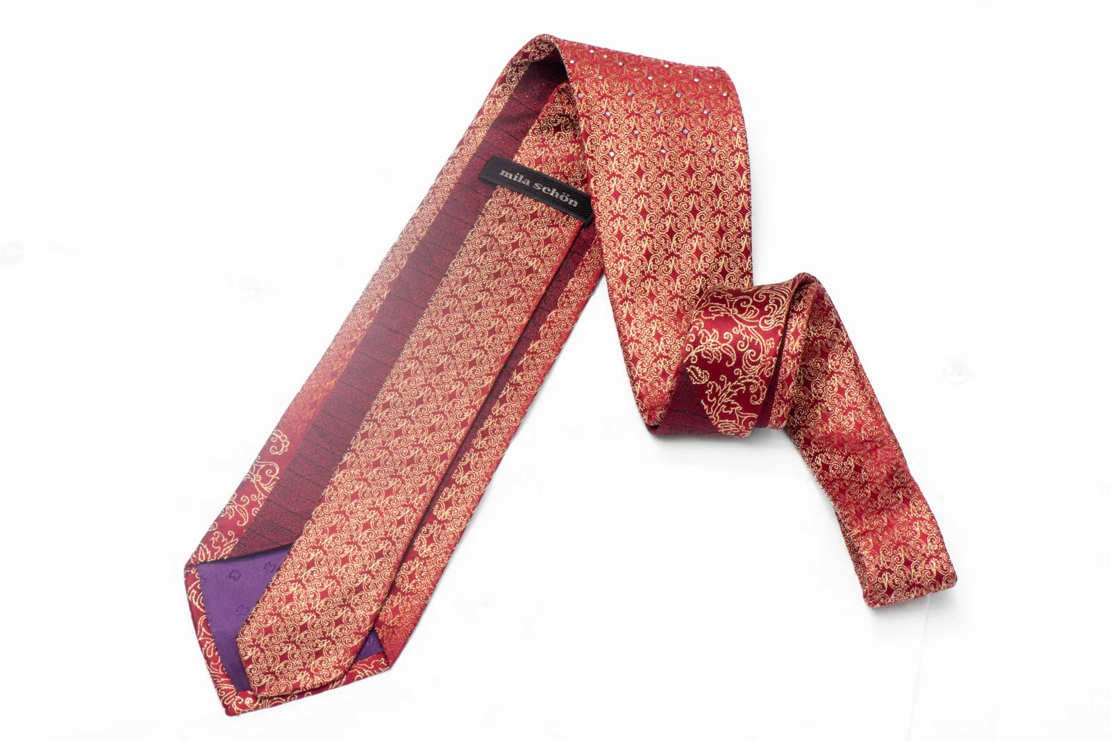 Gold Filigree On Burgundy Rhinestone Silk Necktie With Gold Sparkles