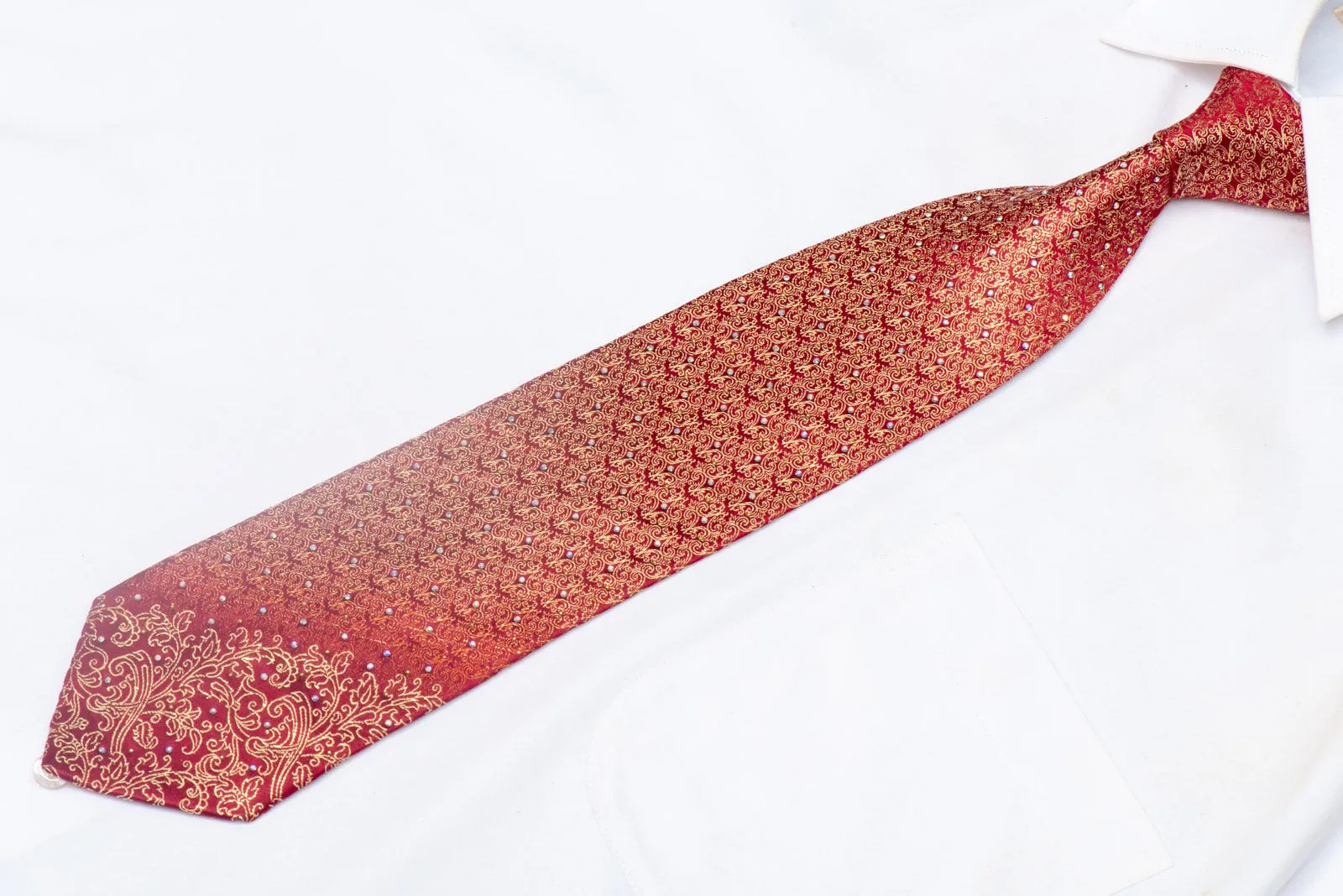 Gold Filigree On Burgundy Rhinestone Silk Necktie With Gold Sparkles
