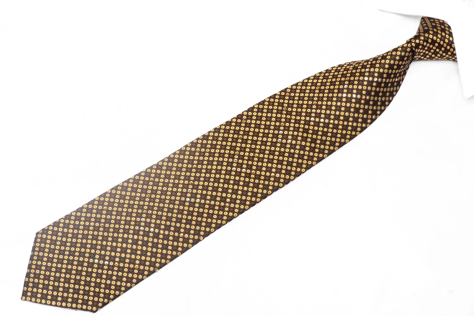 Gold Geometric Dota On Black Rhinestone Silk Tie With Silver Sparkles