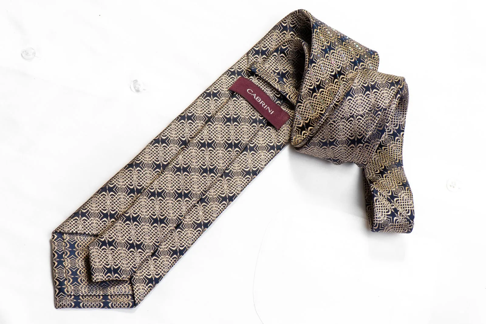 Gold Geometric Waves On Navy Men's Rhinestone Silk Necktie With Sparkles