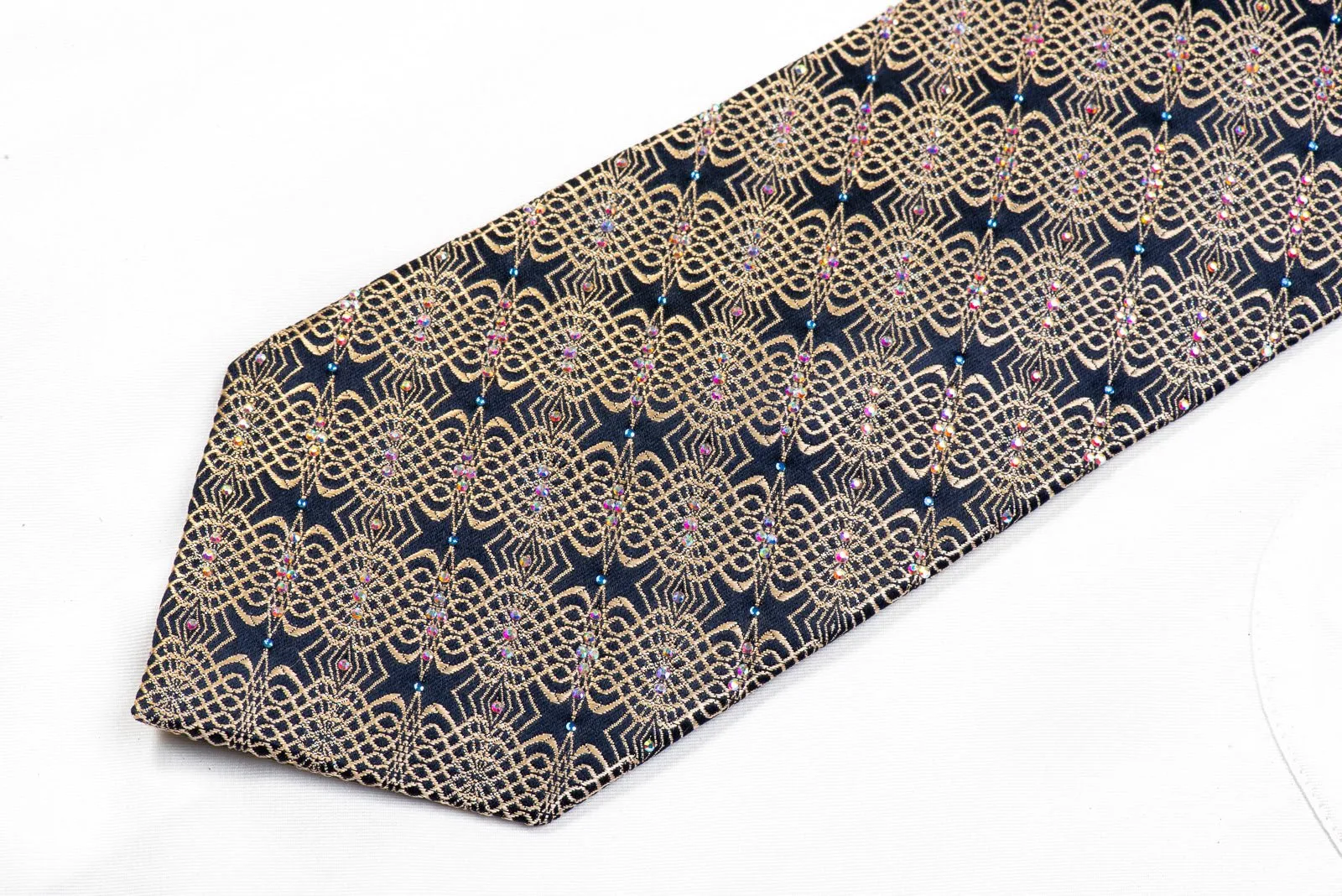 Gold Geometric Waves On Navy Men's Rhinestone Silk Necktie With Sparkles