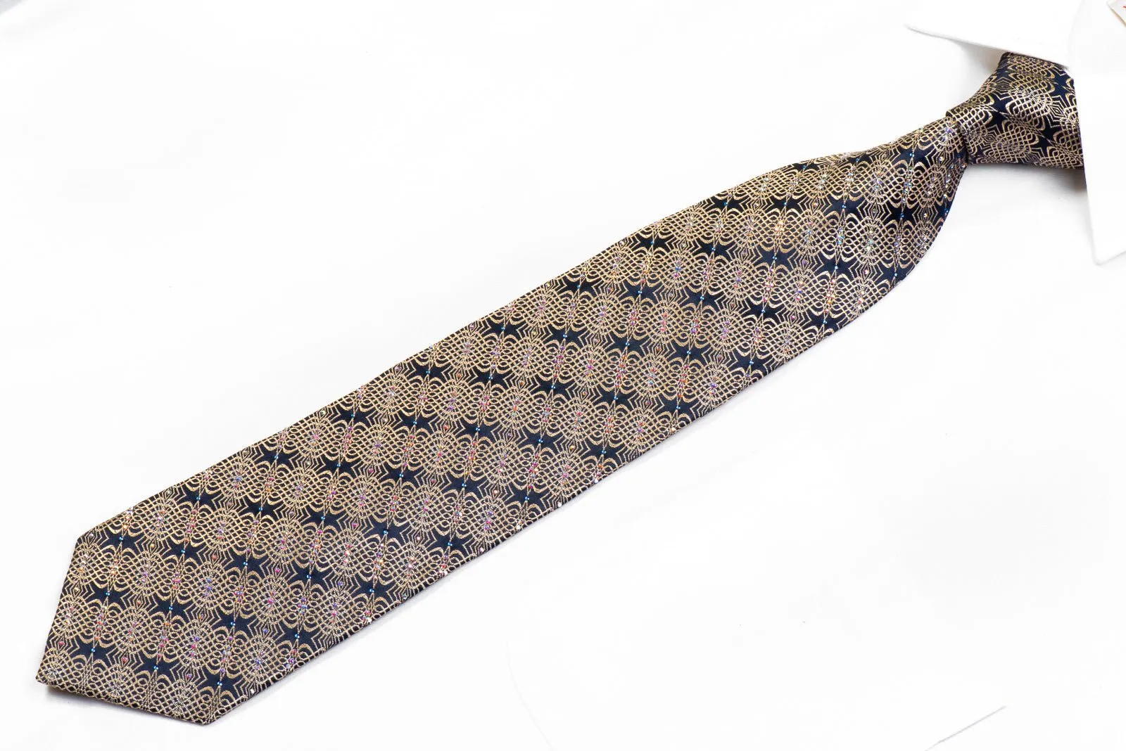 Gold Geometric Waves On Navy Men's Rhinestone Silk Necktie With Sparkles