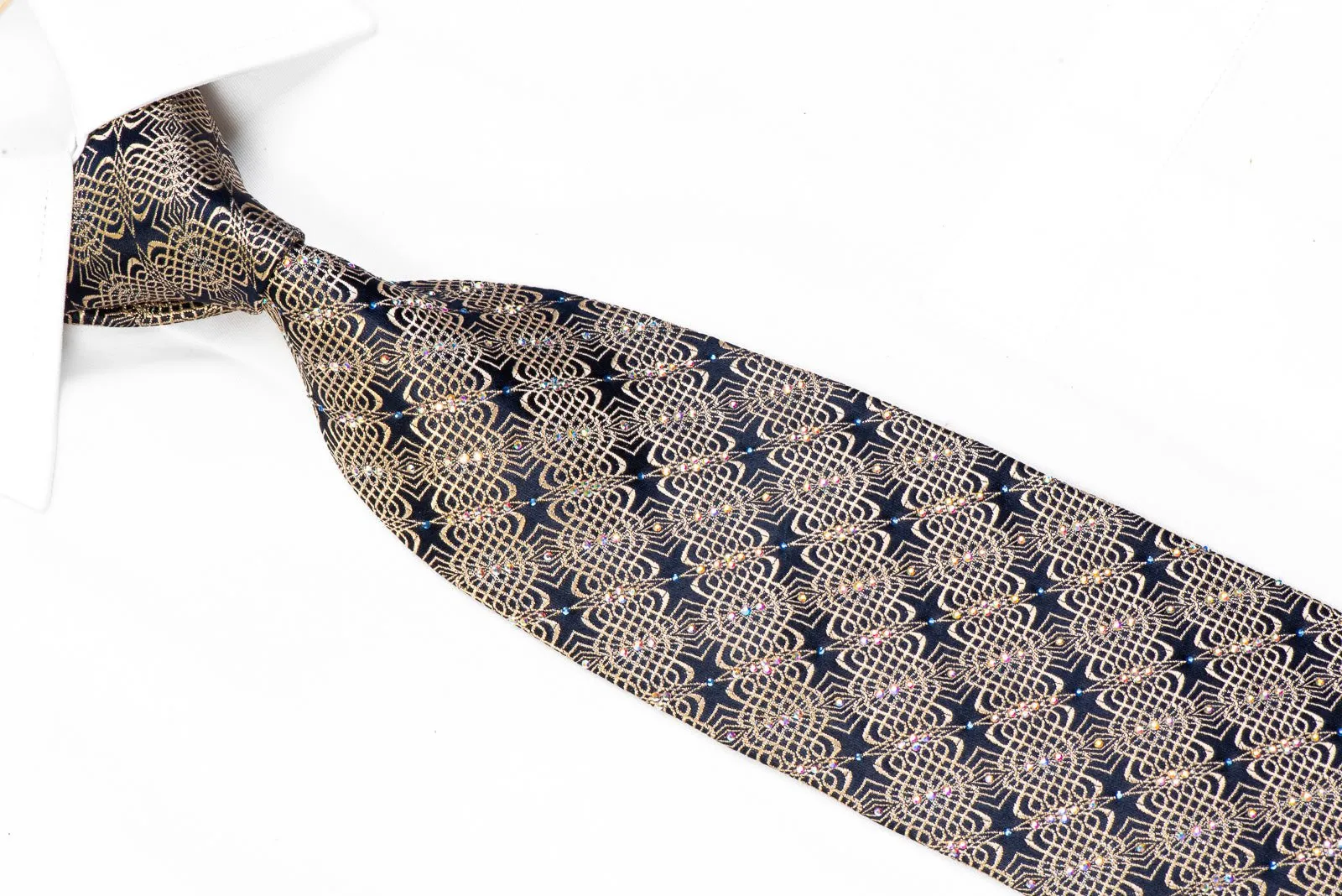 Gold Geometric Waves On Navy Men's Rhinestone Silk Necktie With Sparkles