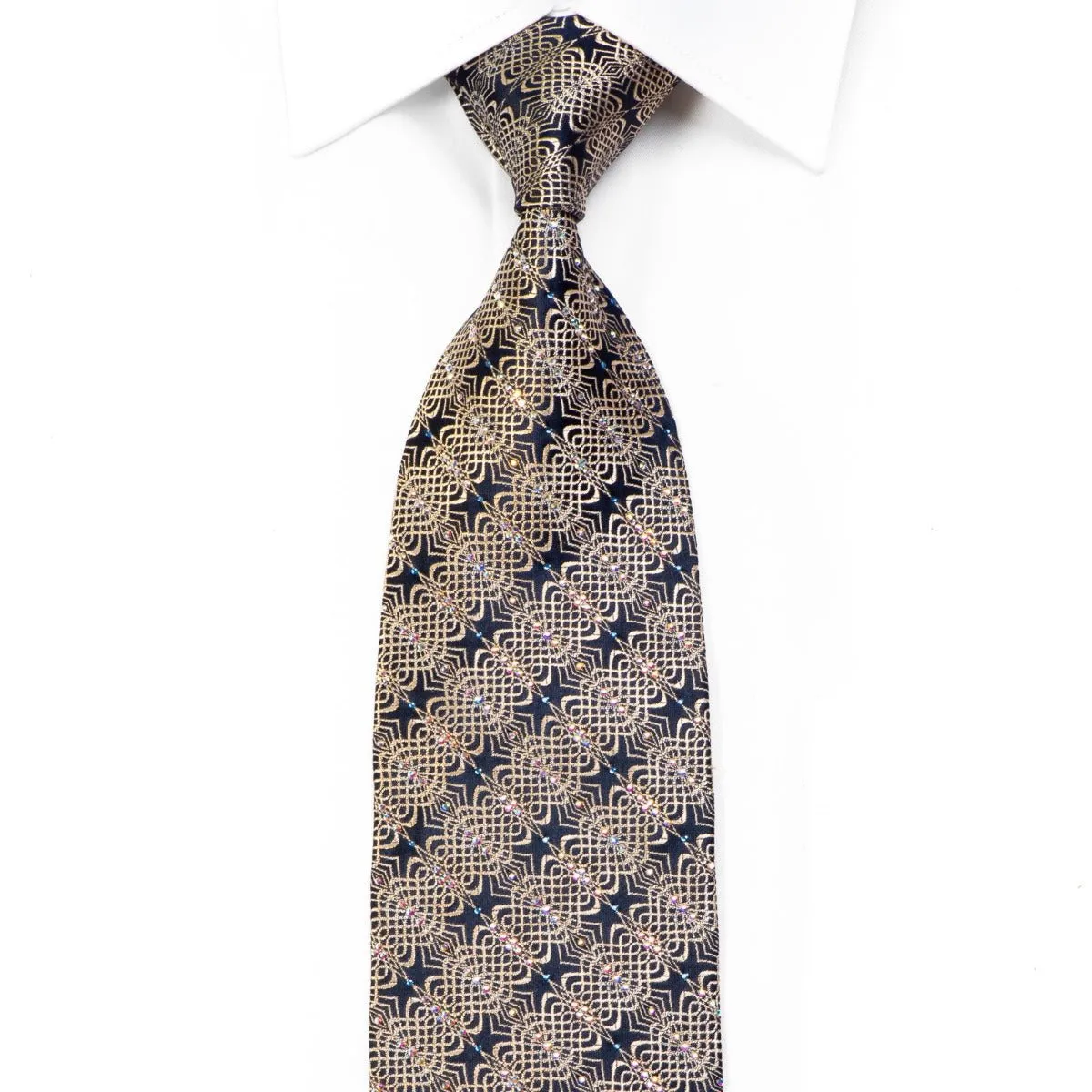 Gold Geometric Waves On Navy Men's Rhinestone Silk Necktie With Sparkles
