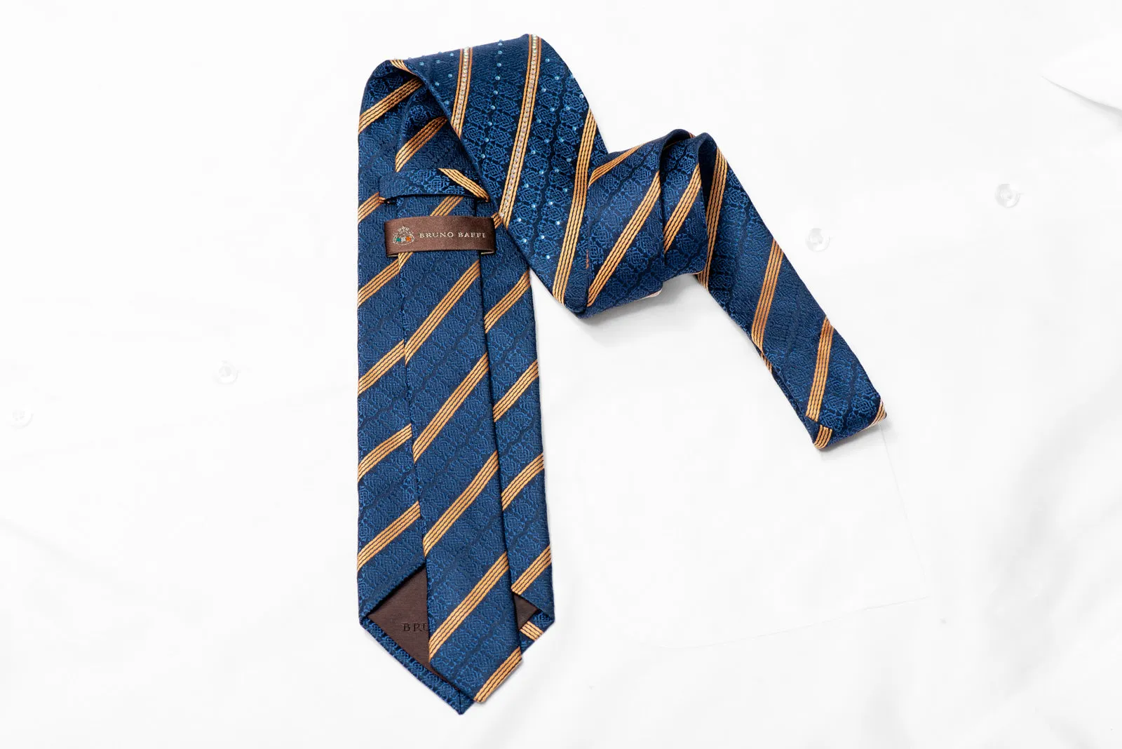 Gold Striped On Blue Cartouche Rhinestone Silk Tie