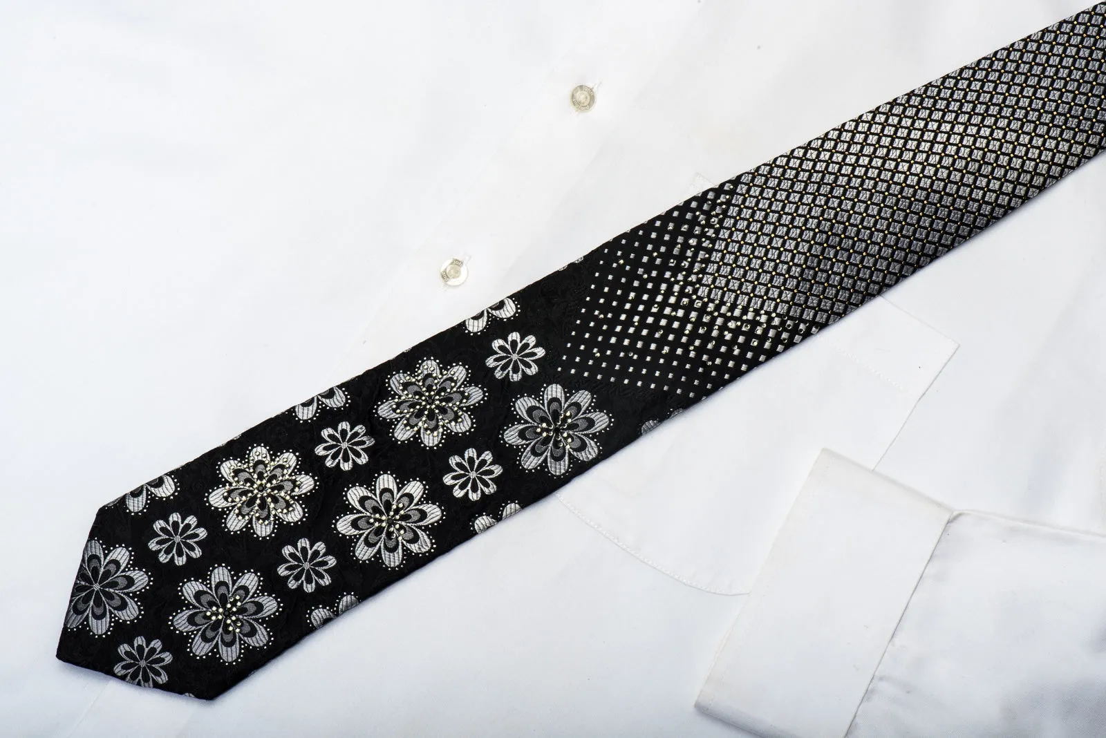 Grang Cia Men's Silk Tie Silver Geometric & Floral On Black Sparkling With Rhinestones