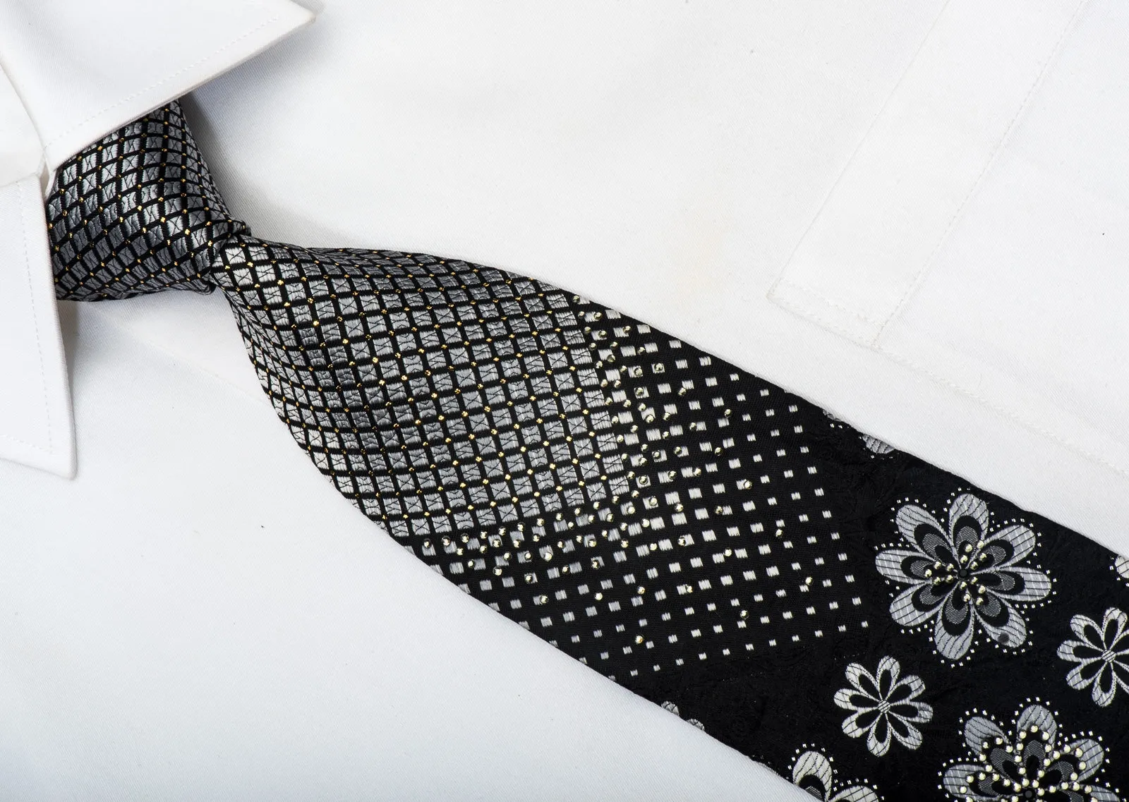 Grang Cia Men's Silk Tie Silver Geometric & Floral On Black Sparkling With Rhinestones