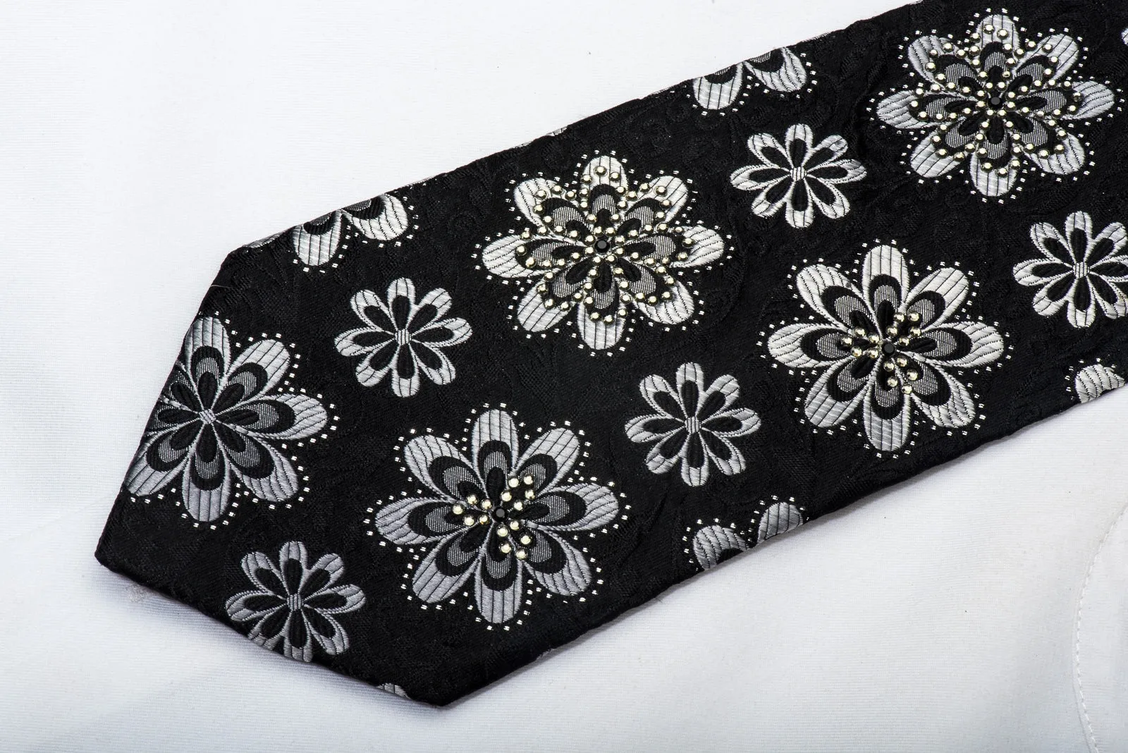 Grang Cia Men's Silk Tie Silver Geometric & Floral On Black Sparkling With Rhinestones