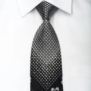 Grang Cia Men's Silk Tie Silver Geometric & Floral On Black Sparkling With Rhinestones