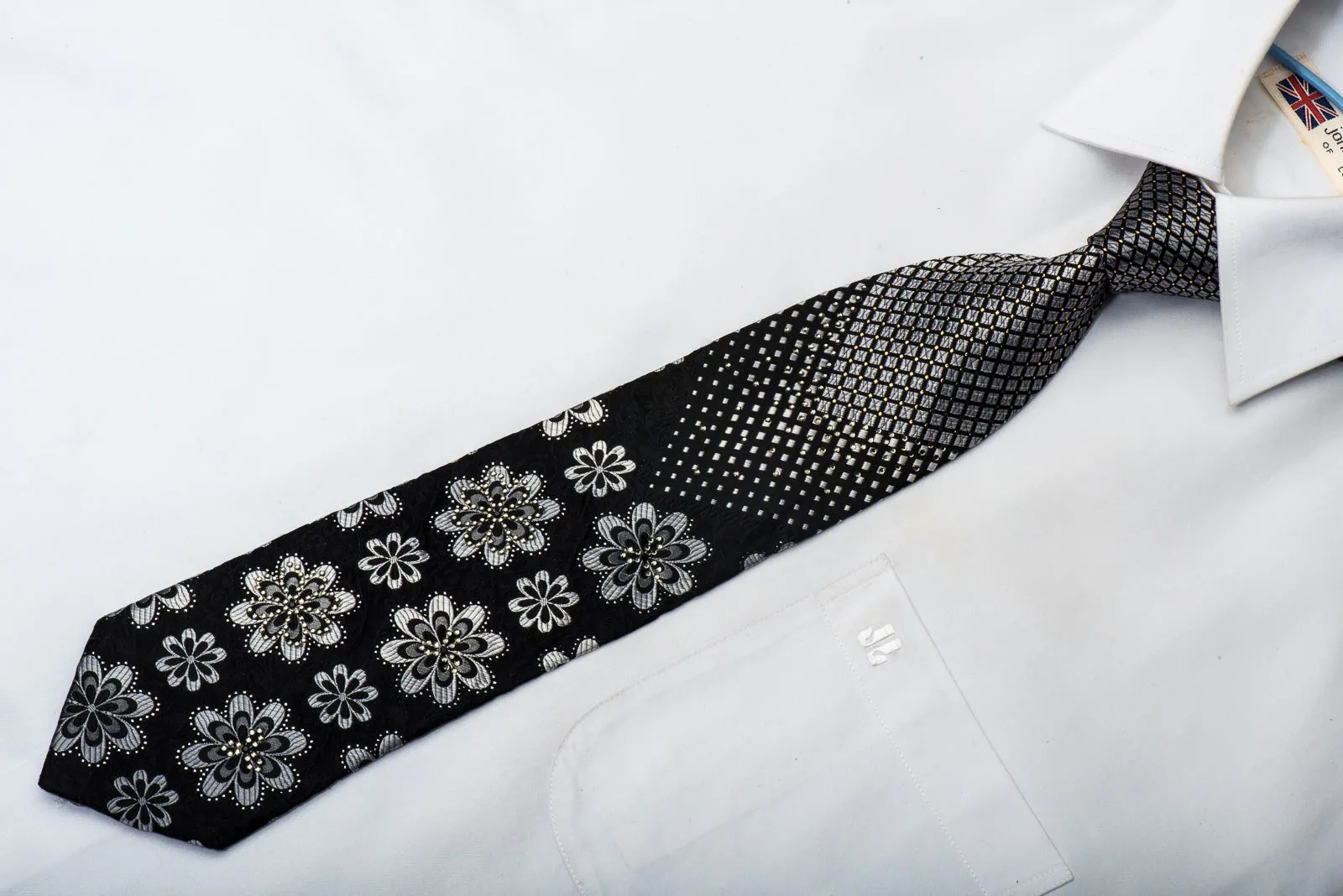 Grang Cia Men's Silk Tie Silver Geometric & Floral On Black Sparkling With Rhinestones