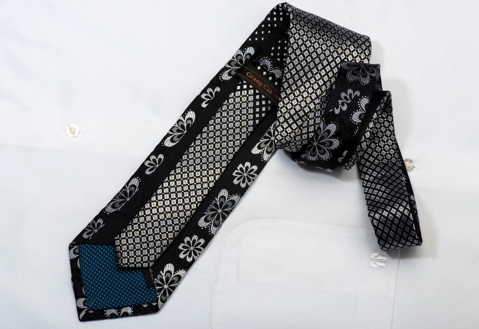 Grang Cia Men's Silk Tie Silver Geometric & Floral On Black Sparkling With Rhinestones