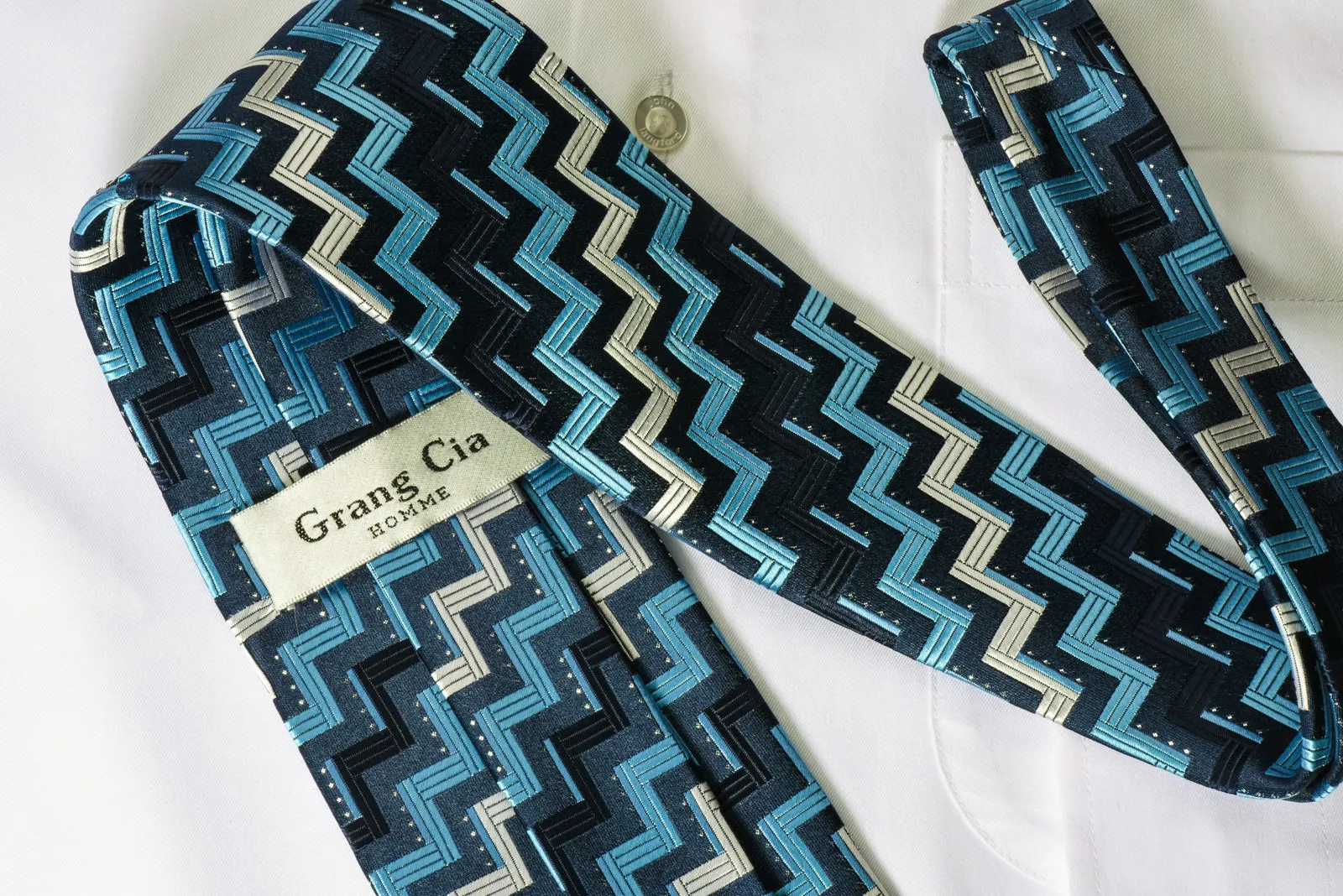 Grang Cia Silk Rhinestone Necktie Zig Zags On Blue With Silver Sparkles