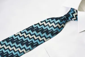Grang Cia Silk Rhinestone Necktie Zig Zags On Blue With Silver Sparkles