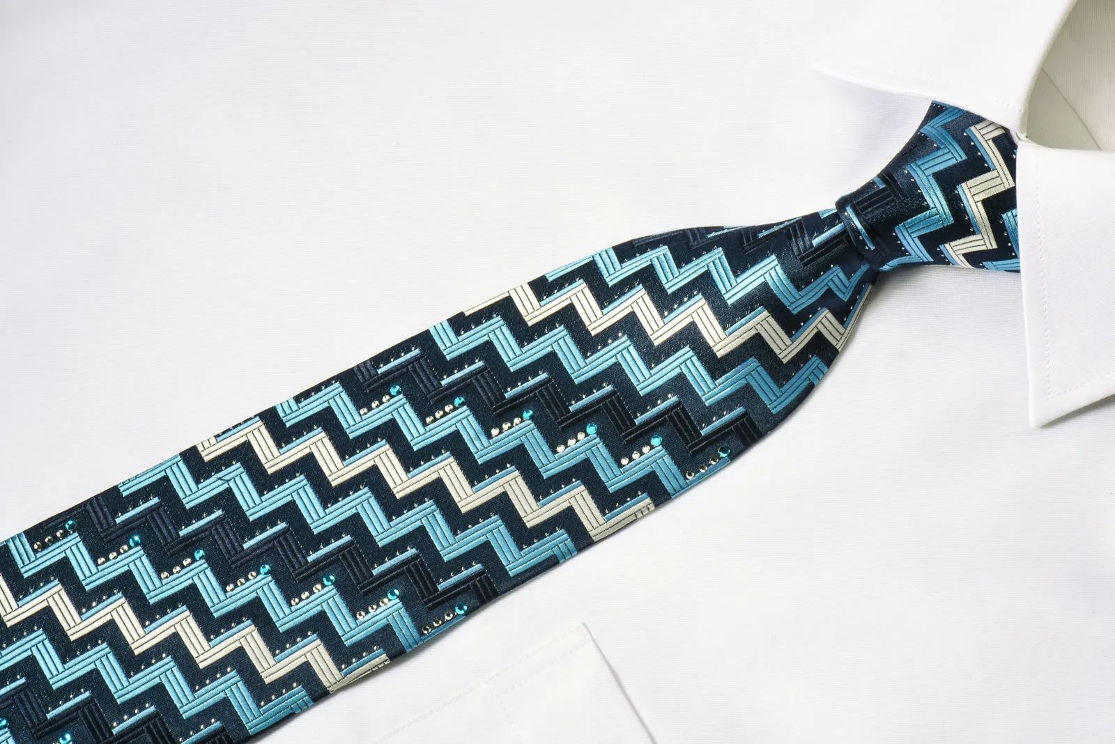 Grang Cia Silk Rhinestone Necktie Zig Zags On Blue With Silver Sparkles