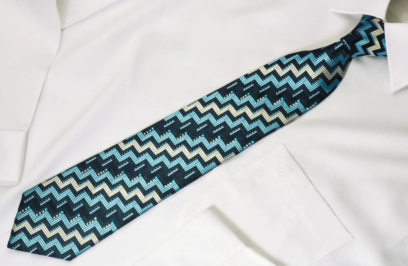 Grang Cia Silk Rhinestone Necktie Zig Zags On Blue With Silver Sparkles