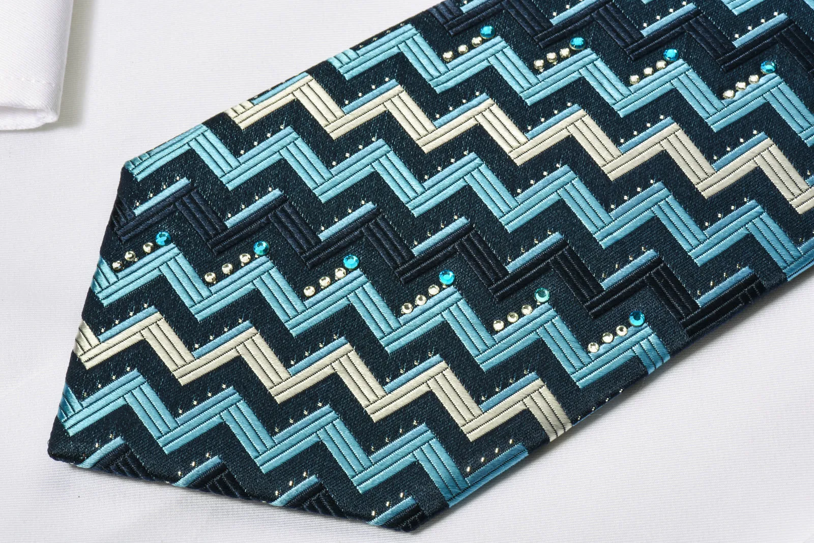 Grang Cia Silk Rhinestone Necktie Zig Zags On Blue With Silver Sparkles