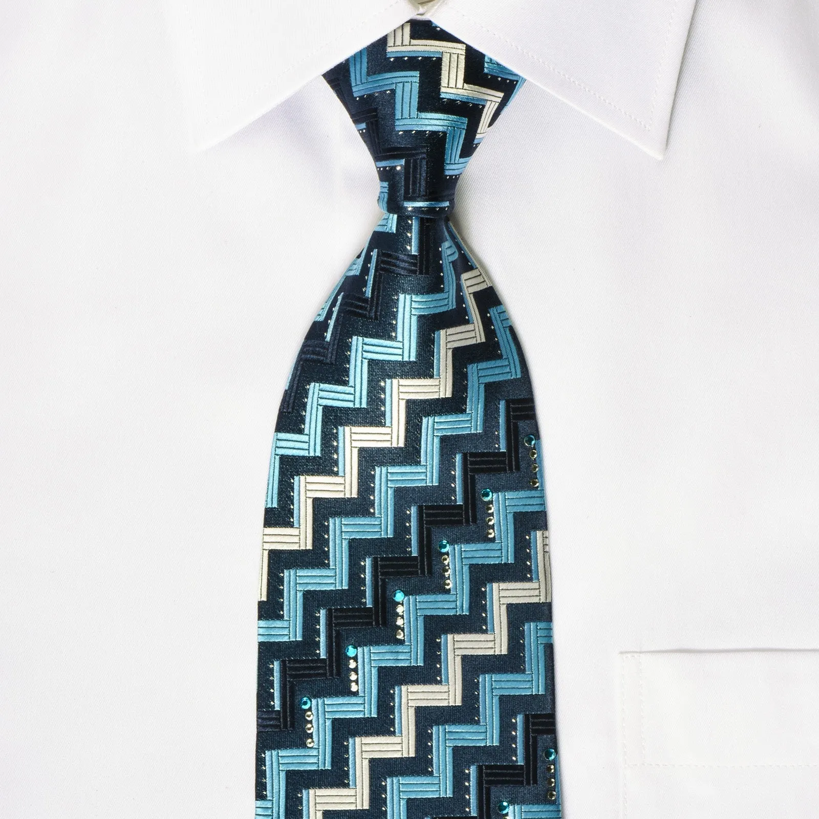Grang Cia Silk Rhinestone Necktie Zig Zags On Blue With Silver Sparkles