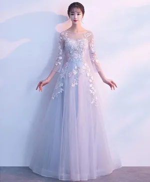 Gray Round Neck Tulle Lace Applique Long Prom Dress Gray Evening Dress