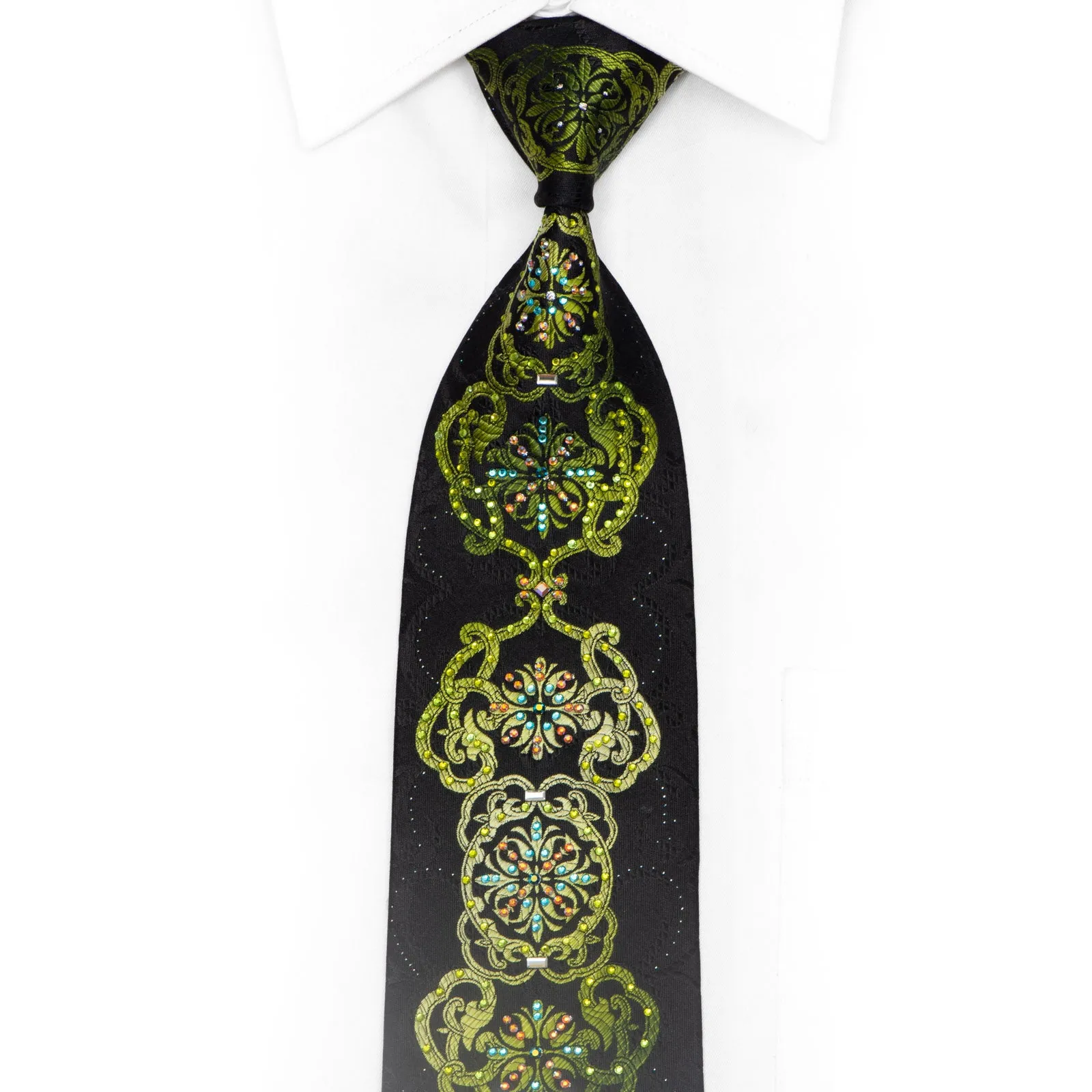 Green Damask On Black Rhinestone Silk Tie With Sparkles
