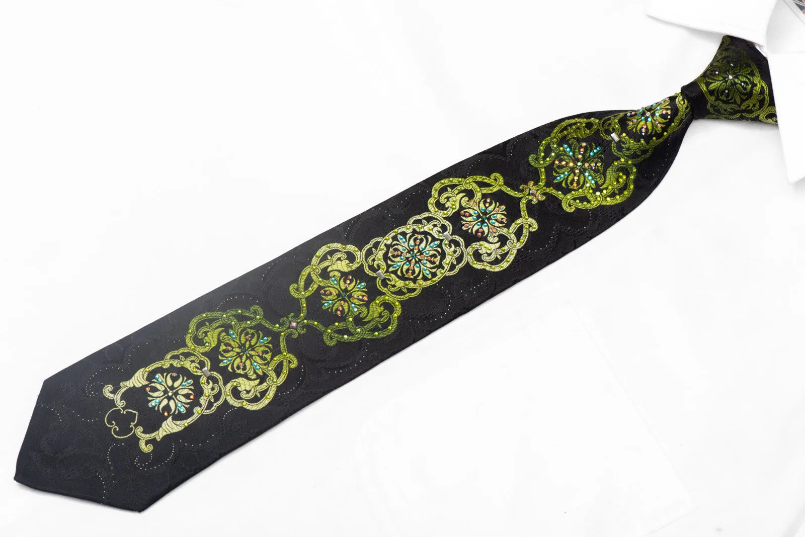 Green Damask On Black Rhinestone Silk Tie With Sparkles