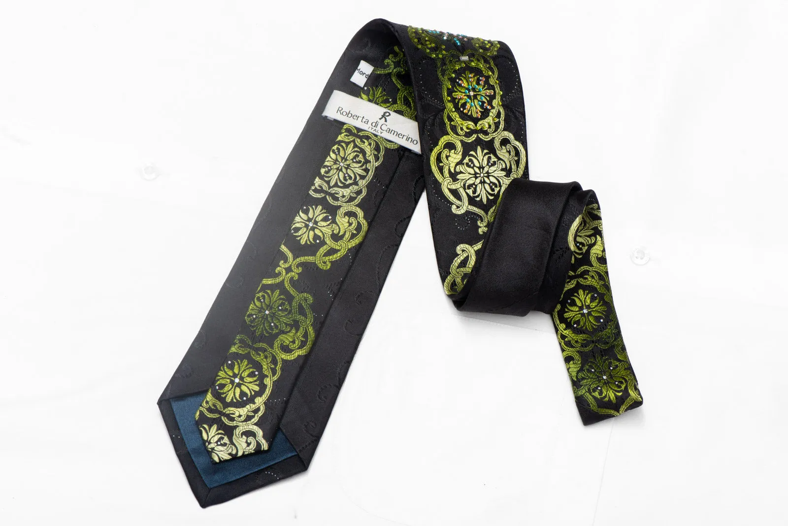 Green Damask On Black Rhinestone Silk Tie With Sparkles