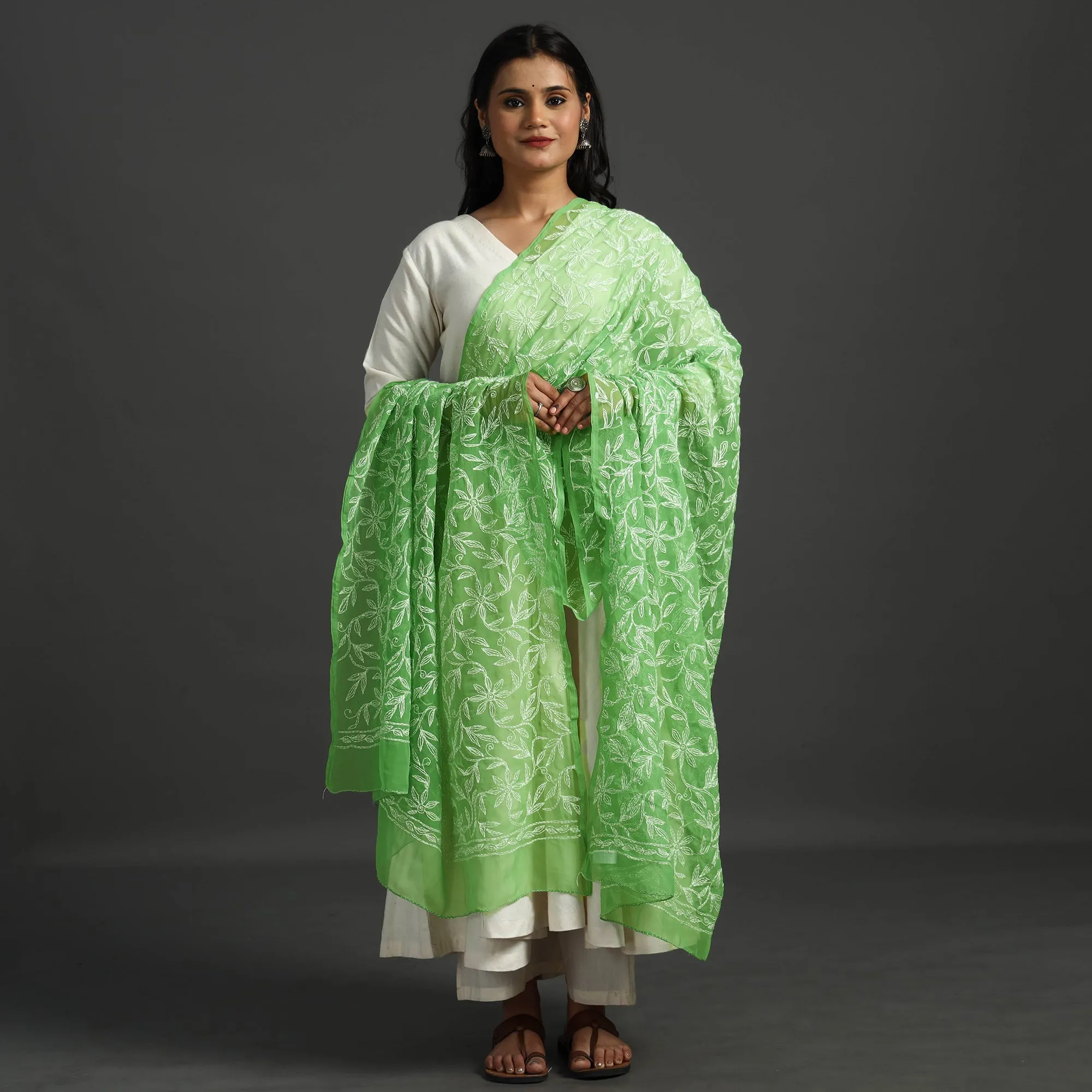Green - Lucknow Chikankari Tepchi Embroidery Georgette Dupatta 15