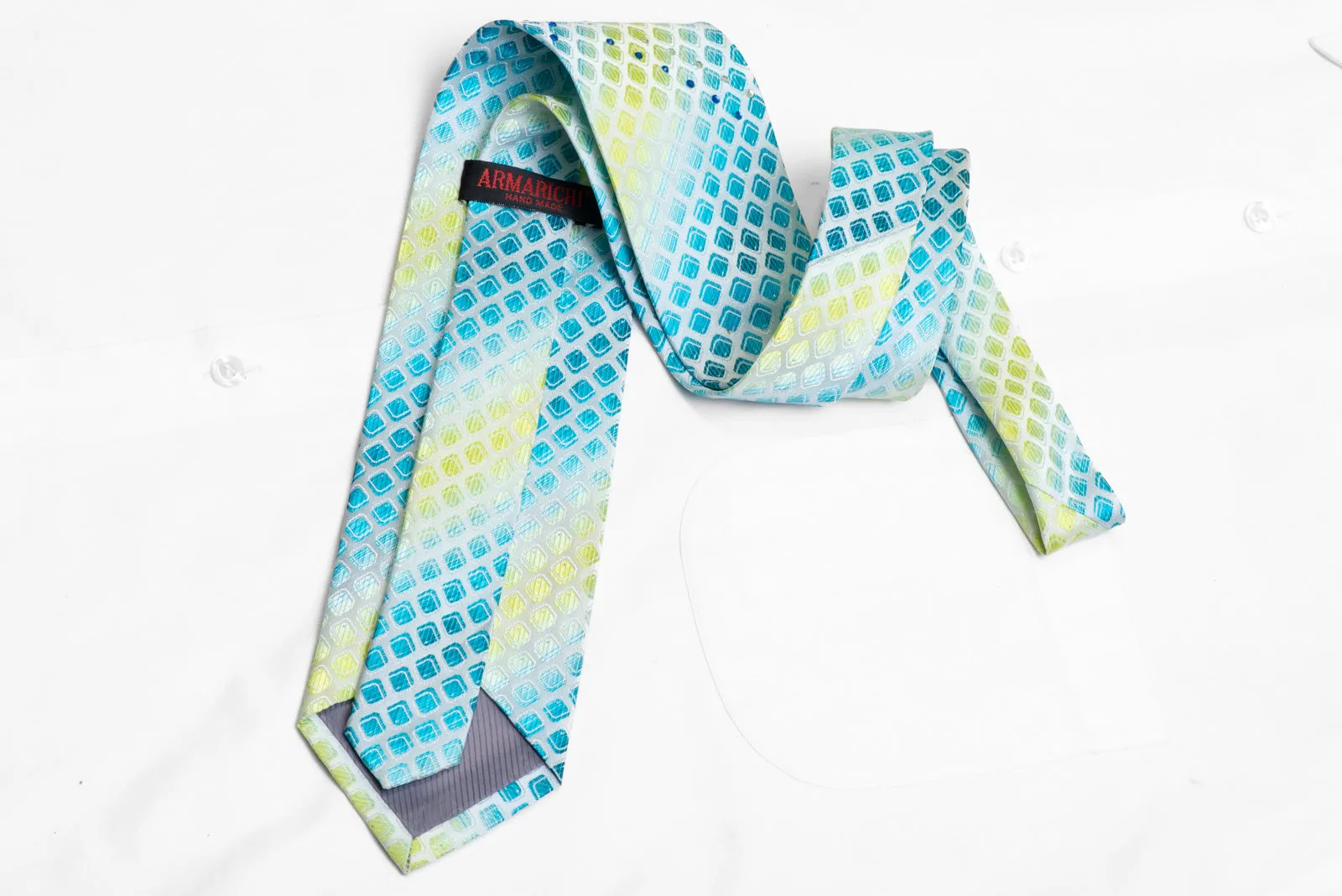 Green Yellow Geometric On White Rhinestone Necktie With Silver Sparkles