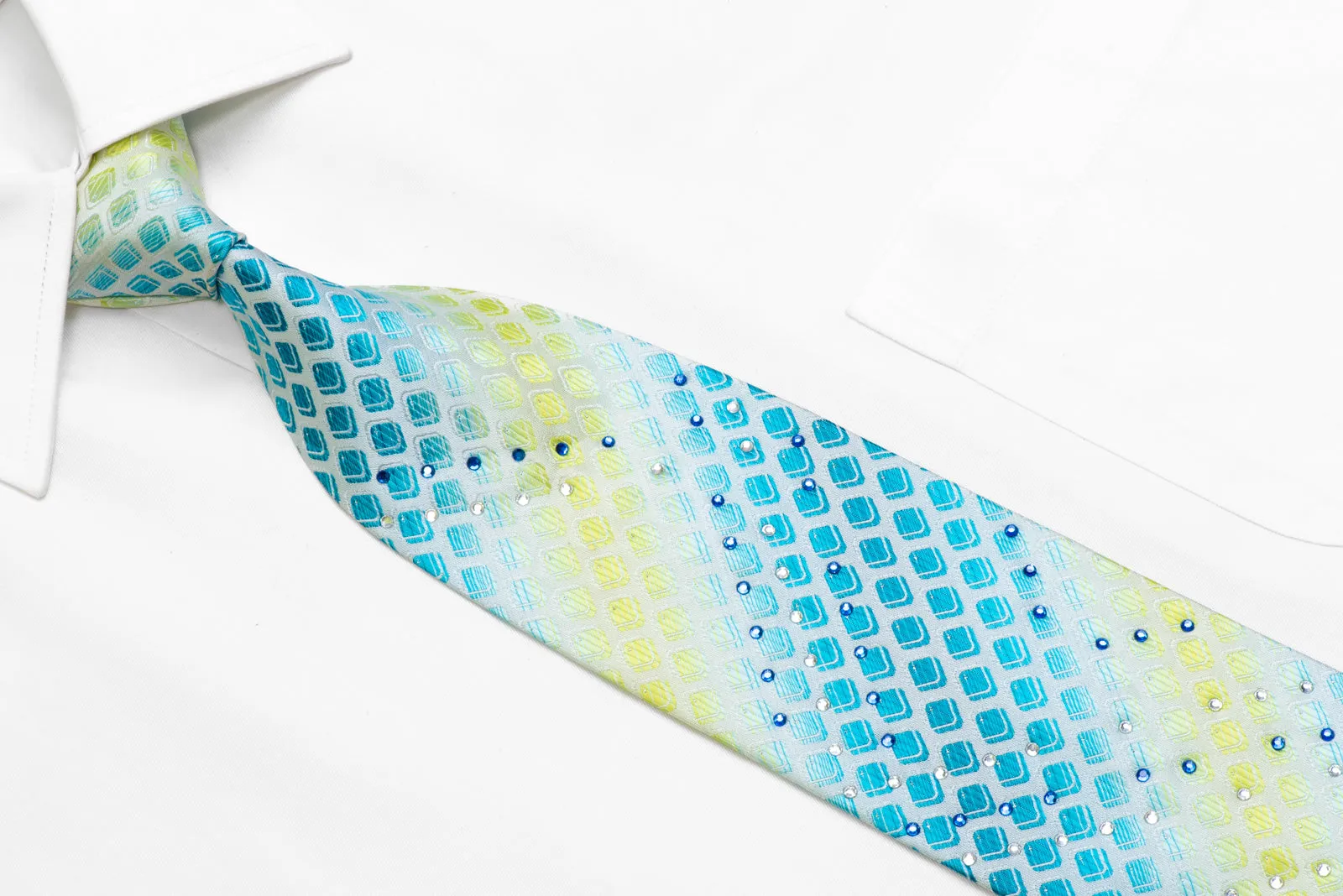 Green Yellow Geometric On White Rhinestone Necktie With Silver Sparkles