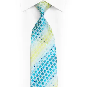 Green Yellow Geometric On White Rhinestone Necktie With Silver Sparkles