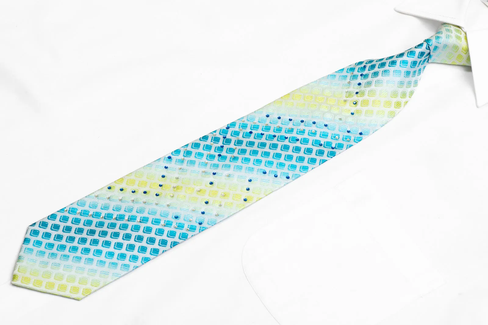 Green Yellow Geometric On White Rhinestone Necktie With Silver Sparkles