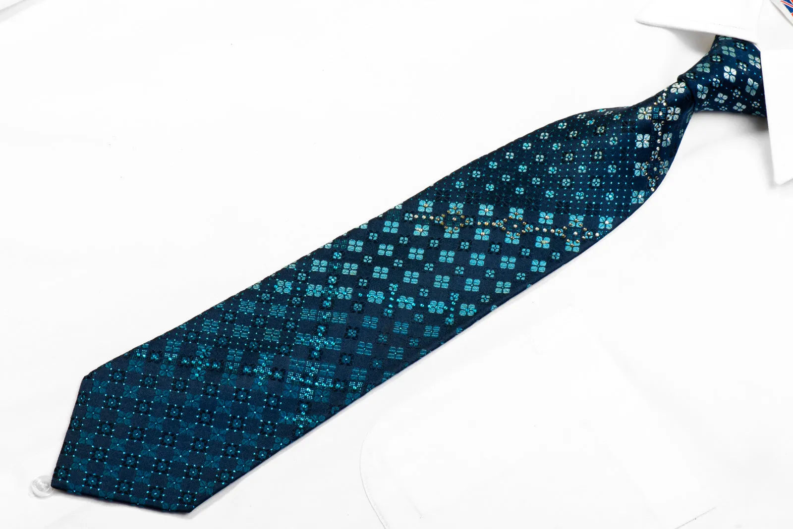 Guy Laroche Silk Tie Foulard Floral On Navy With Blue Sparkles