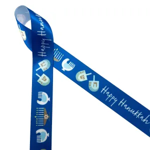Hanukkah ribbon Happy Hanukkah with dreidels and menorahs on a blue background printed on 7/8" white single face satin