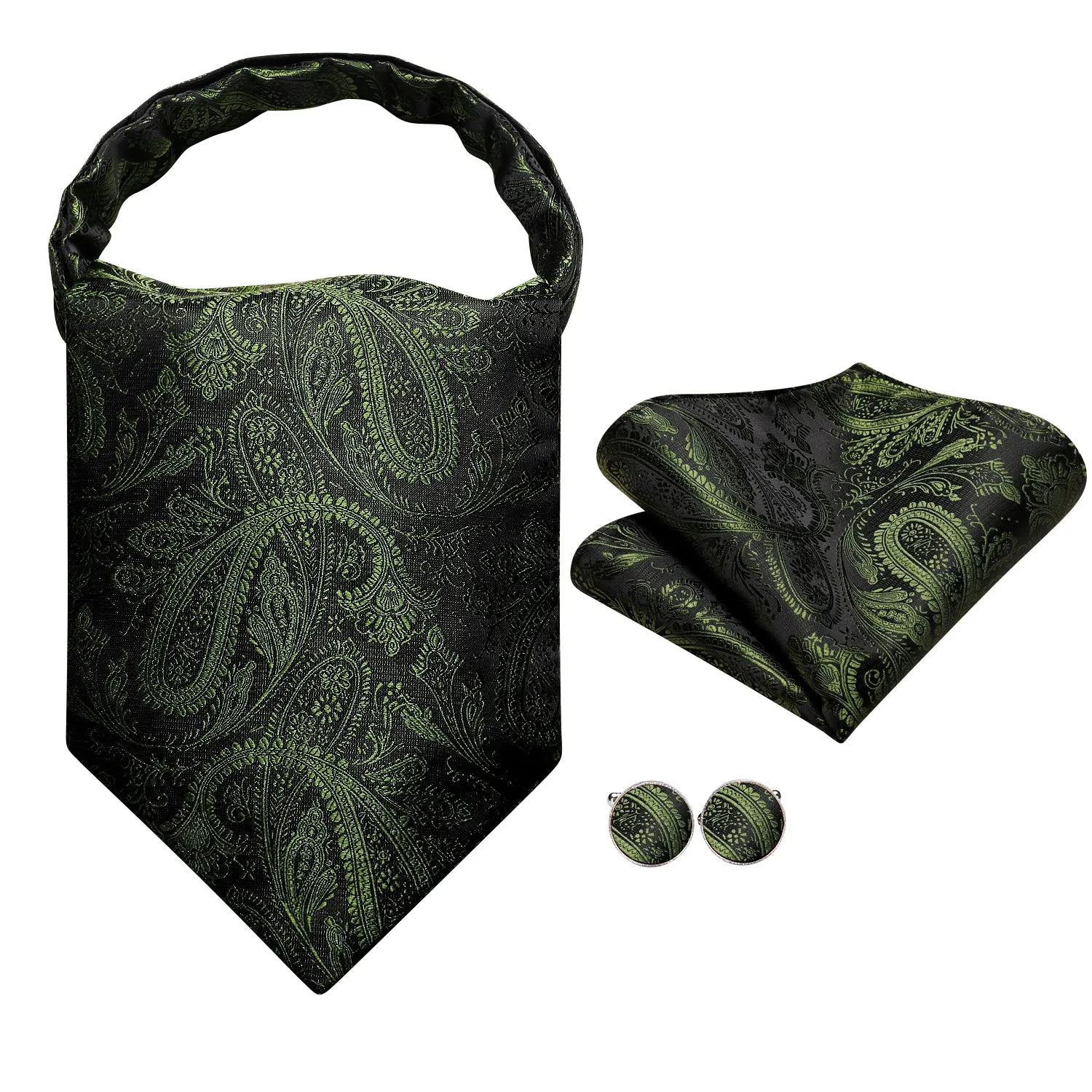 Hi-Tie Olive Green Ties Paisley Ascot Tie Pocket Square Cufflinks Set