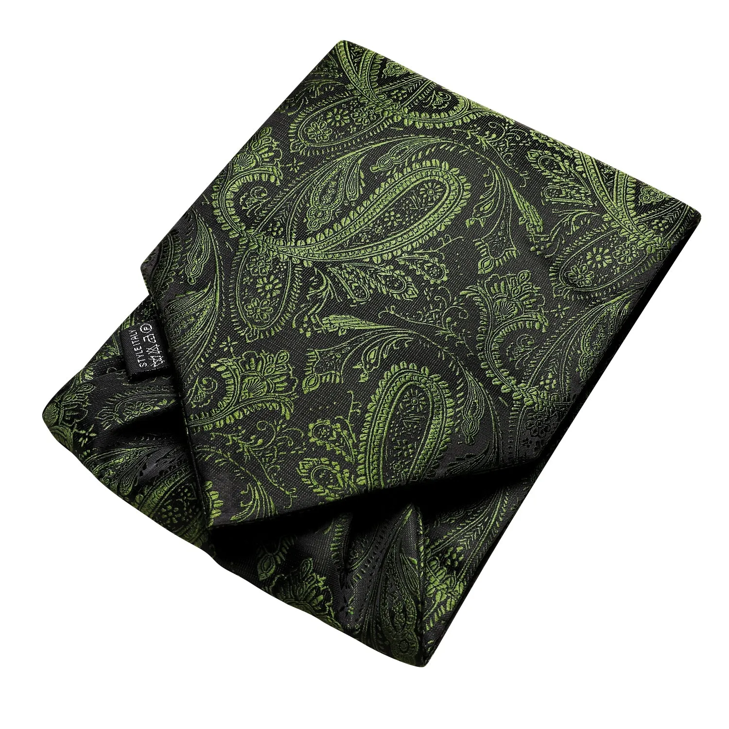 Hi-Tie Olive Green Ties Paisley Ascot Tie Pocket Square Cufflinks Set