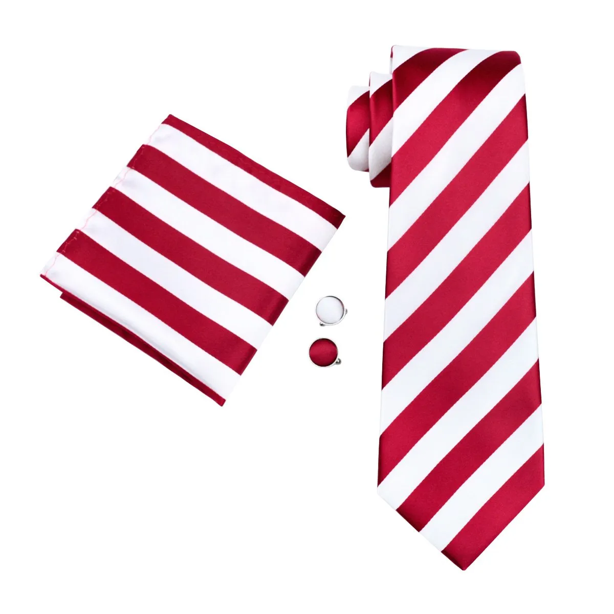 Hi-Tie Red White Striped Tie Pocket Square Cufflinks Set Gift Box Set