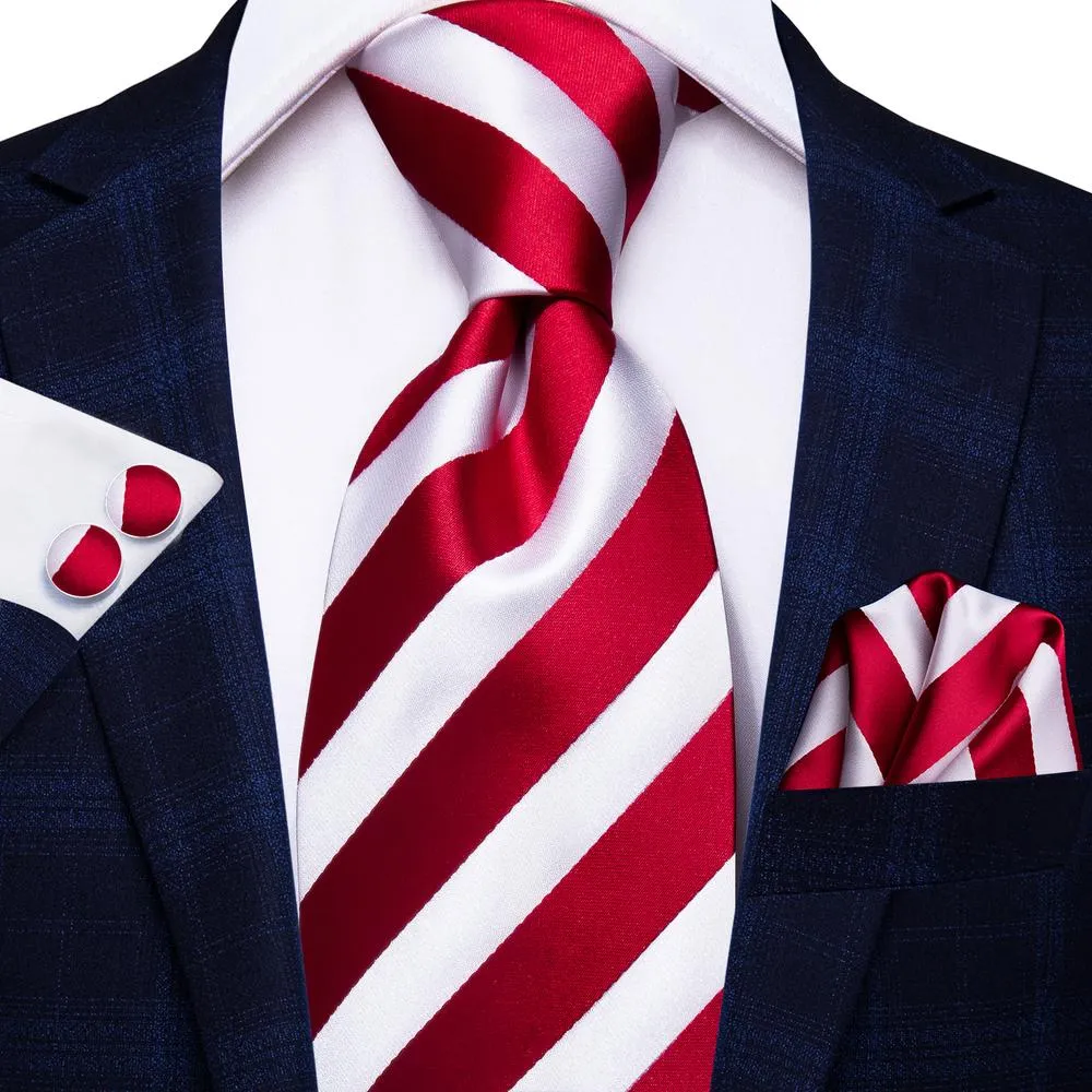 Hi-Tie Red White Striped Tie Pocket Square Cufflinks Set Gift Box Set