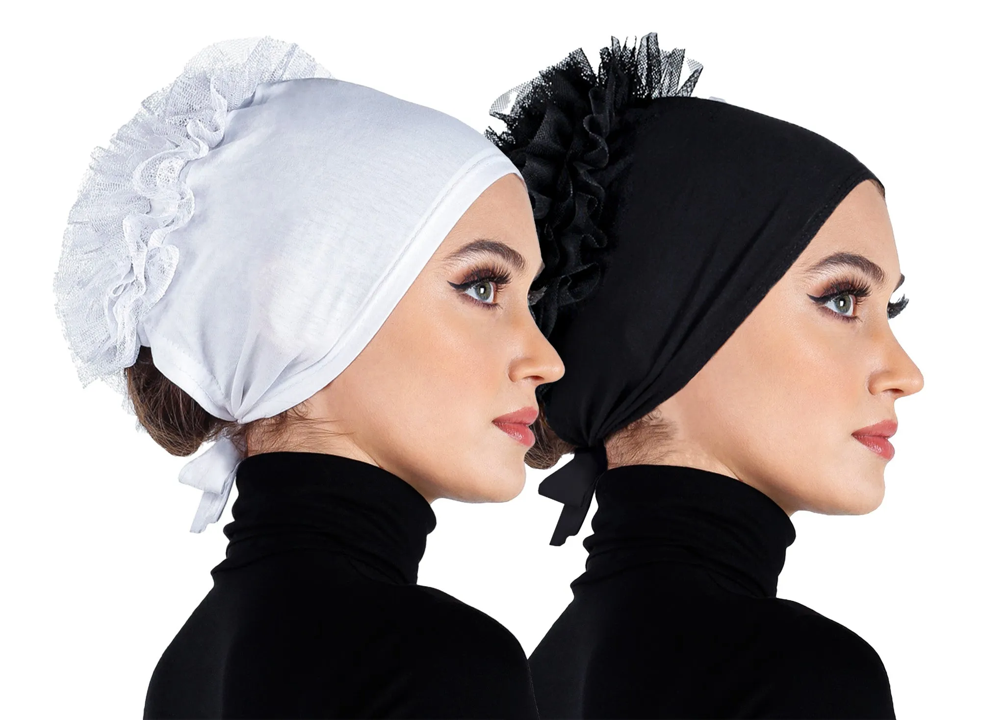 Hijab Undercap Volumizer Bonnet with ties & Tulle Flower