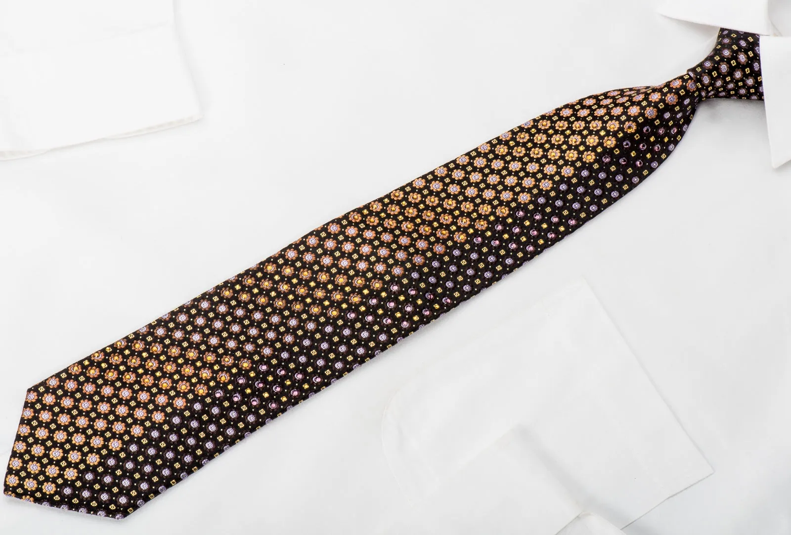 Indian Homme Men's Rhinestone Silk Necktie Orange Floral On Black With Silver Sparkles