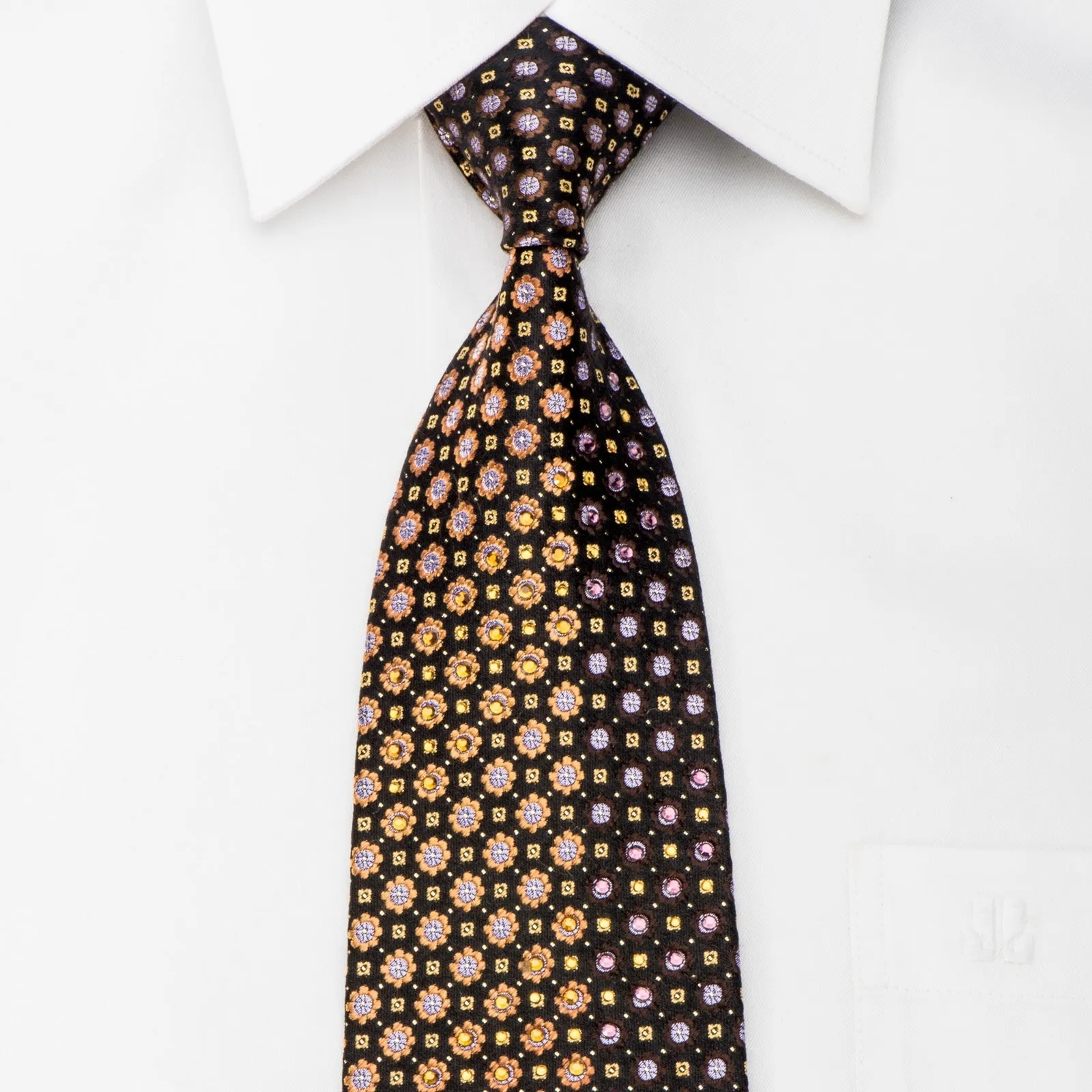 Indian Homme Men's Rhinestone Silk Necktie Orange Floral On Black With Silver Sparkles