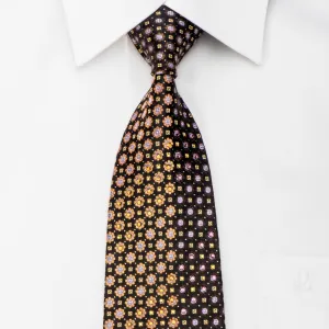 Indian Homme Men's Rhinestone Silk Necktie Orange Floral On Black With Silver Sparkles