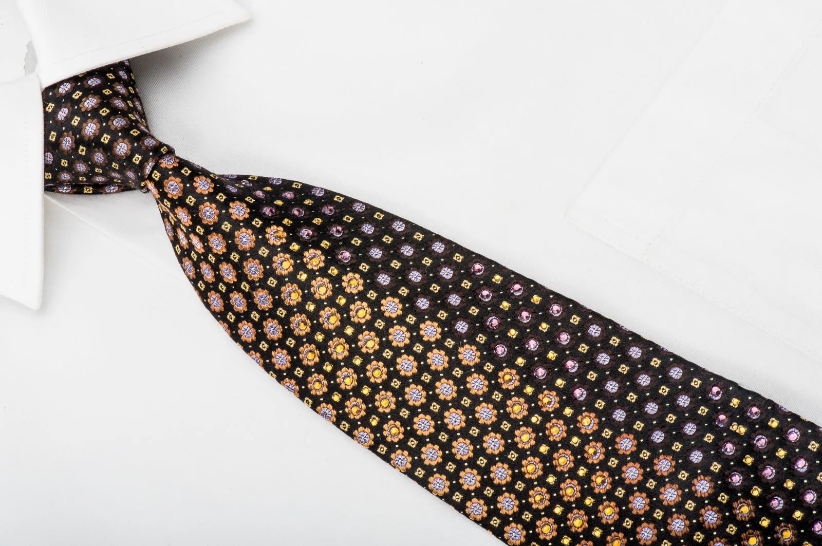 Indian Homme Men's Rhinestone Silk Necktie Orange Floral On Black With Silver Sparkles