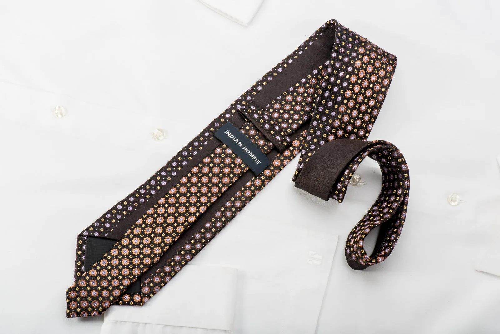 Indian Homme Men's Rhinestone Silk Necktie Orange Floral On Black With Silver Sparkles